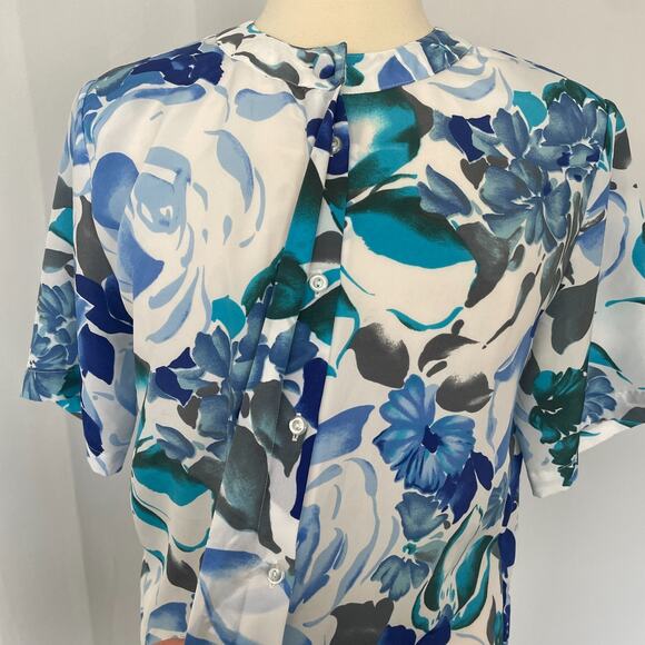 Vintage Blouse Top Size 12 Blue White Floral Short Sleeve Button Casual Office - Picture 3 of 12